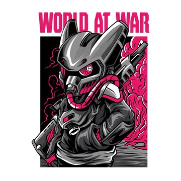WORLD AT WAR with robot character holding gun illustration design 