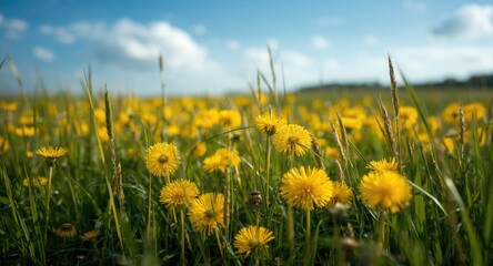 Obraz premium Energetic yellow dandelion flowers growing in a dense green summer meadow