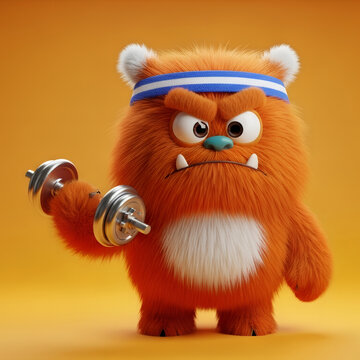 Tenacious, fluffy orange monster shows off his strength and endurance while working out with dumbbells. Design for fitness character training, gym workout, healthy lifestyle with copy space.