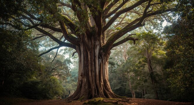Artistic oil rendering of a kauri tree standing proud in a woodland setting