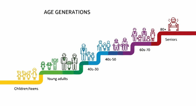 Illustration of different age generations from childhood to elderly.