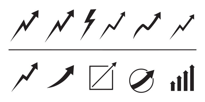 Vector set of business growth arrows, collection of success graph icons and profit up direction pointers for financial infographic design.