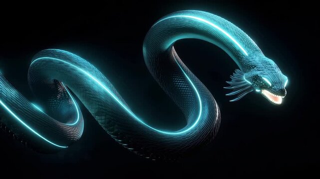 Glowing bioluminescent eel undulates through dark water opening mouth in close-up 3D render