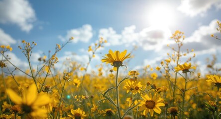 Obraz premium Educational pollen allergy summary with symptom emphasis and remedy tips amidst a sunlit yellow floral landscape and blue sky