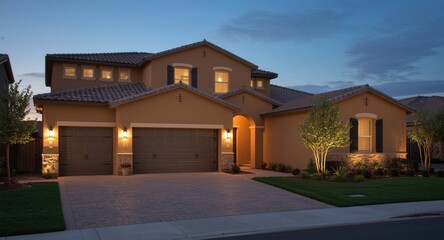 Attached garage homes with stucco exterior paint and clay tile roofing