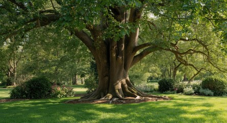 Obraz premium Graceful walnut tree in a quiet garden with abundant foliage and soothing atmosphere