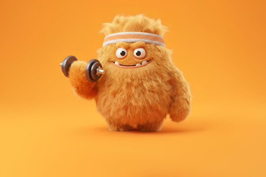 Tenacious, fluffy orange monster shows off his strength and endurance while working out with dumbbells.  Banner for fitness character training, gym workout, healthy lifestyle with copy space.