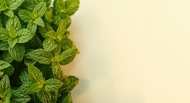 Detailed texture of mint leaves wall with soft daylight and copy space