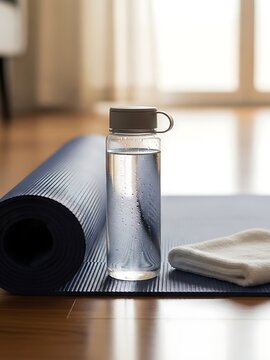 Yoga Setup with Water Bottle on Exercise Mat