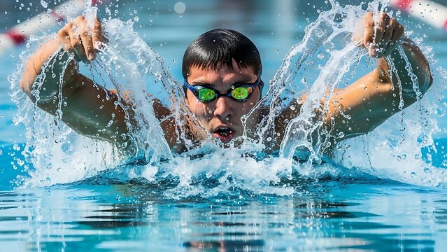 Young Boy Swimming Butterfly Stroke in Pool Water