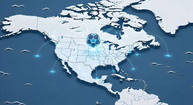 Map of north america with glowing blue connections and network lines across the continent