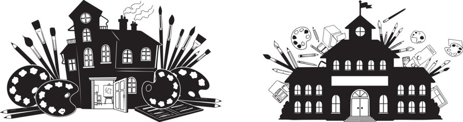 vector illustration of film and theater buildings with explosion effects, for mockup or advertising