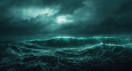 Obraz premium Intense ocean artwork illustrating a fierce green tempest over tumultuous waters with roaring waves and dark clouds