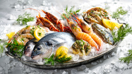 A large tray features fresh shrimp, crayfish, and mackerel arranged on ice with lemon and herbs, ideal for seafood lovers or culinary presentations