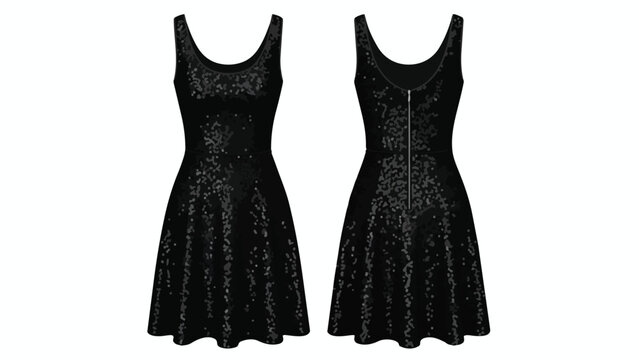 Sparkling black sequin dress elegant sleeveless design showcasing both front and back details perfect for glamorous evening events and festive