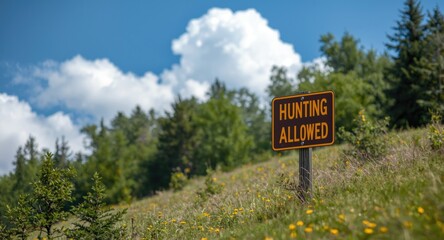 Hunting allowed sign installed near ground by gentle rise