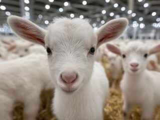 Obraz premium A close-up shot of a young white lamb with curious eyes in a farm setting.