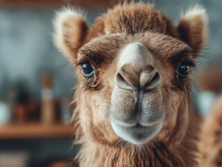Fototapeta premium A close-up photograph showcases a camel's face with detailed fur and expressive eyes, presented against a blurred indoor backdrop.