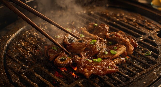 Chopsticks selecting grilled mushrooms and beef sirloin on Korean charcoal barbecue