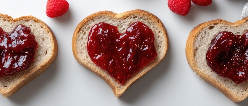 Heart-shaped jam on toast with two extra pieces in a simple setting for breakfast or dessert ideas