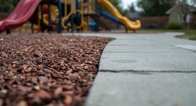 Blurred backyard emphasizing the border between rubber mulch playground and sidewalk tiles in play zone