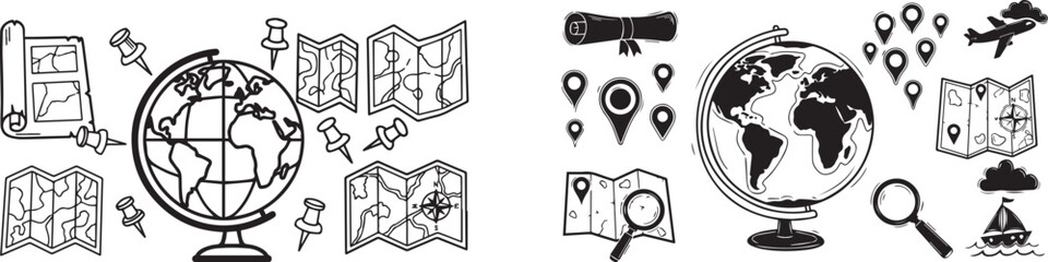 Travel icons set with globes, maps, and navigation symbols for website or presentation, isolated on transparent background, png