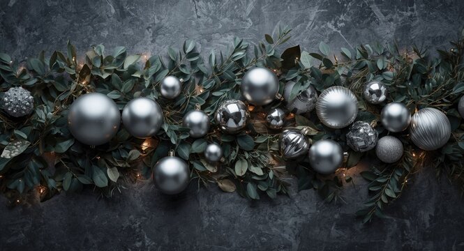 Festive silver holiday decorations arranged flat on a grey textured surface with shiny ornaments and seasonal leaves for elegant design
