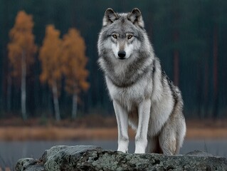 Obraz premium A gray wolf stands attentively on a rocky outcrop amidst a forested landscape at dusk.
