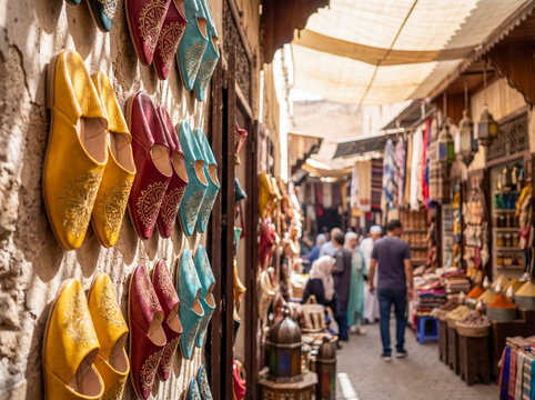 Colorful handmade leather babouche slippers in moroccan market close up footwear craft culture background copy space traditional accessory artisan
