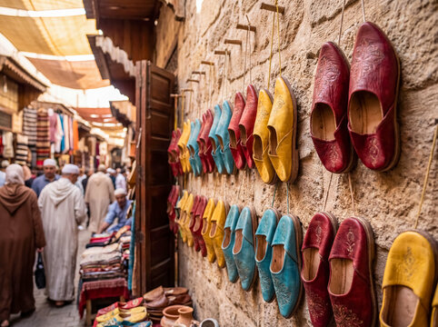 Colorful handmade leather babouche slippers in moroccan market close up footwear craft culture background copy space traditional accessory artisan