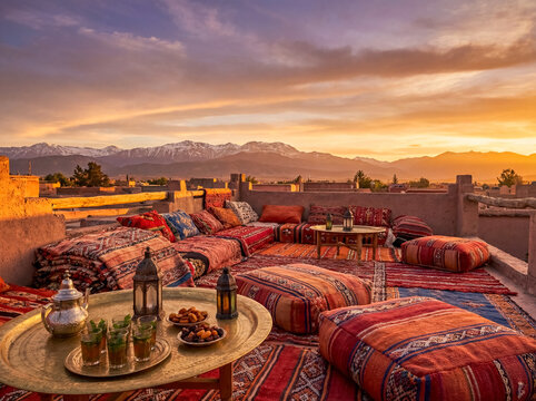 Luxury terrace with atlas mountains view at sunset landscape background morocco travel destination tourism copy space leisure relaxation lifestyle