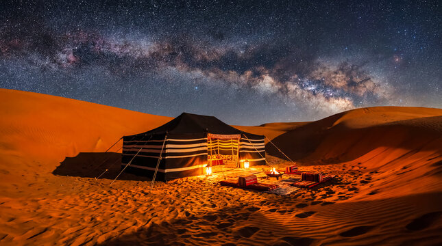 Luxury berber tent in sahara desert dunes architecture background travel destination tourism copy space lifestyle adventure wilderness