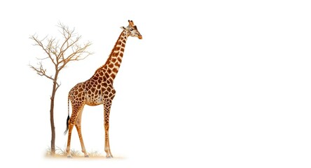 Obraz premium Active giraffe posing near leafless tree on clean white background