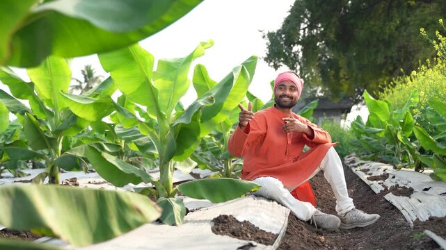 Happy indian farmer at banana agriculture field 