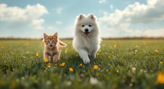 Joyful red kitten and friendly Samoyed puppy romping on a lush full length green lawn during summer day