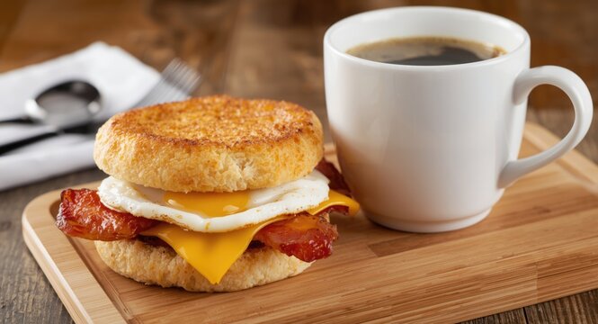 Delectable fried egg bacon and cheese sandwich on golden toasted English muffin alongside fresh brewed coffee
