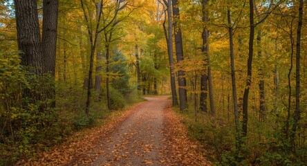Obraz premium Gentle Fall Walk Through a Peaceful Trail with Colorful Trees