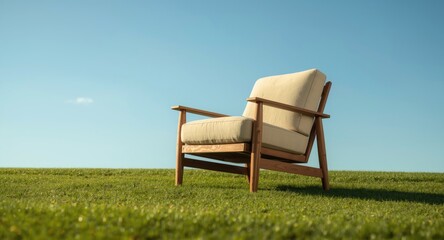 A durable wooden chair with fluffy cushion sitting on green grass lawn under sunny daylight