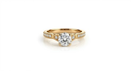 Classic gold diamond ring on white background with copy space for text or design