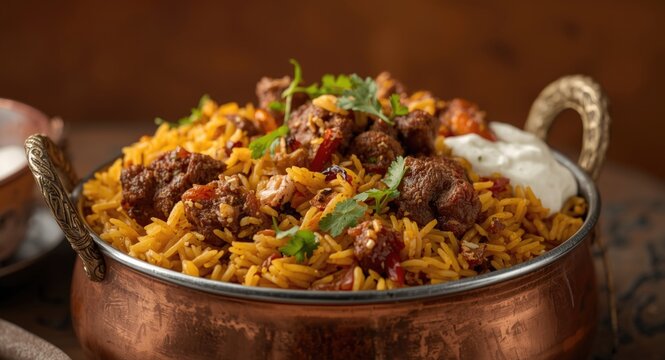Hearty mutton biryani prepared with classic Indian spice blend