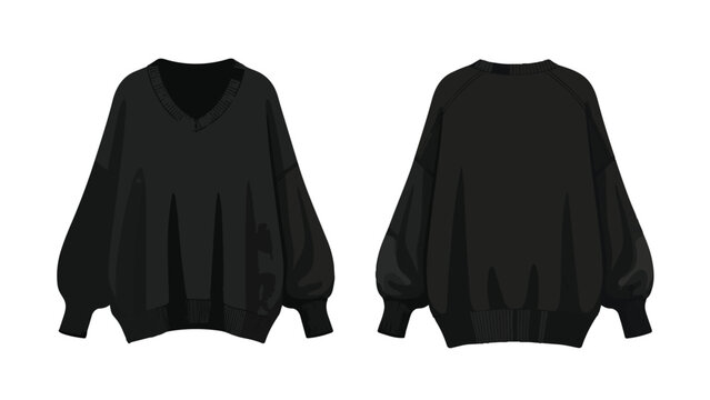 Sleek black oversized v-neck sweater with voluminous long sleeves presented in front and back views a versatile fashion design element on a clean