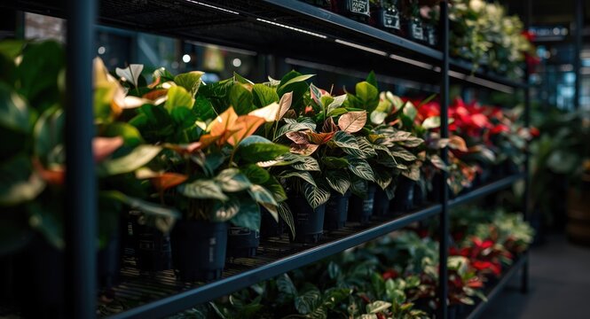Flower shop shelving unit showcasing colorful tropical potted pilea plants with lush leaves