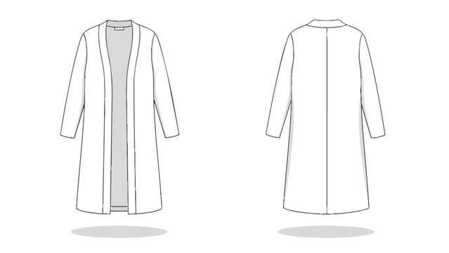 Detailed technical illustration of a women's long open-front cardigan, featuring clear front and back views for fashion design and pattern creation