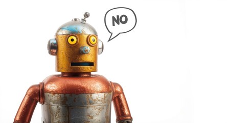 Fototapeta premium A colorful classic robot figure saying oh no against a bright white background