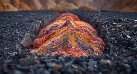 Detailed tar sands tailings texture revealing colorful mineral layers in a geological composition