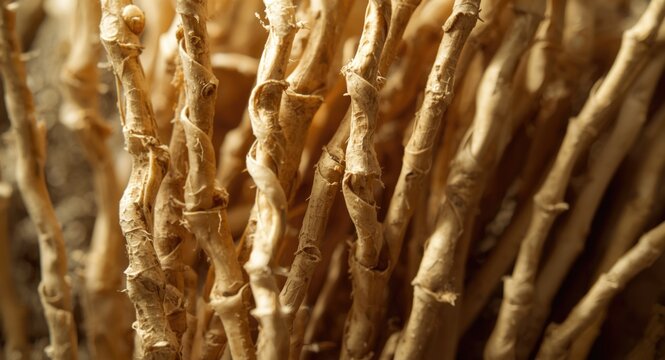 Detailed image showcasing slender ginger root fibers with knotted appearance