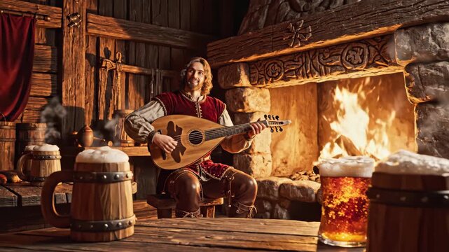 A medieval musician with long blonde hair plays a lute by a crackling fireplace in a rustic tavern. Large mugs of frothy beer sit on a wooden table nearby, creating a warm and inviting atmosphere.