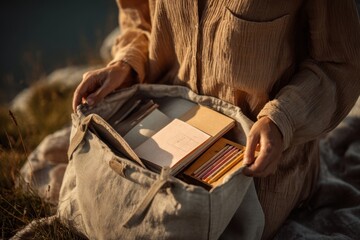 Picnic bag opens to reveal sketchbook