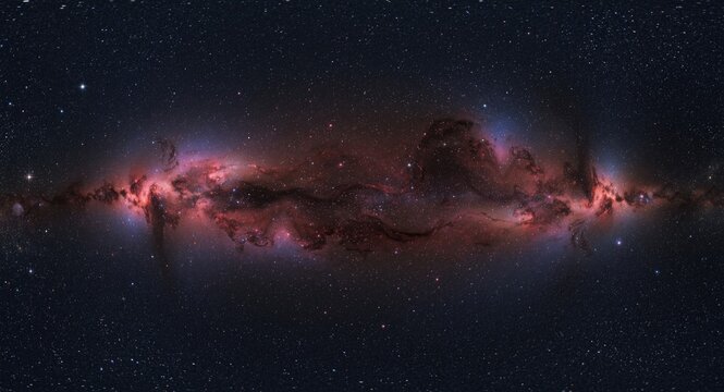 Equirectangular space background with bright nebula and star clusters in spherical panorama