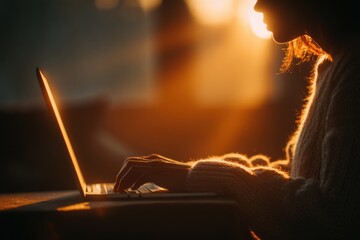 A person works at a laptop in warm light